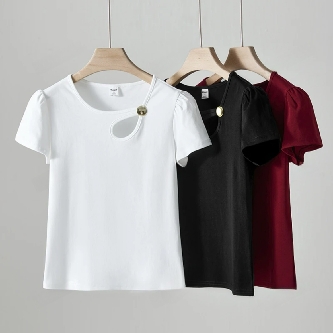 夏季镂空纯色短袖T恤女正肩百搭打底衫修身显瘦半袖时尚上衣6166