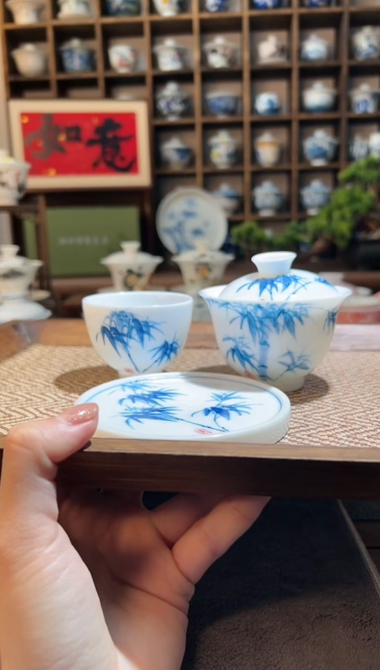 【闪购商品】手绘竹子元宝盖碗+送主人杯+送盖置