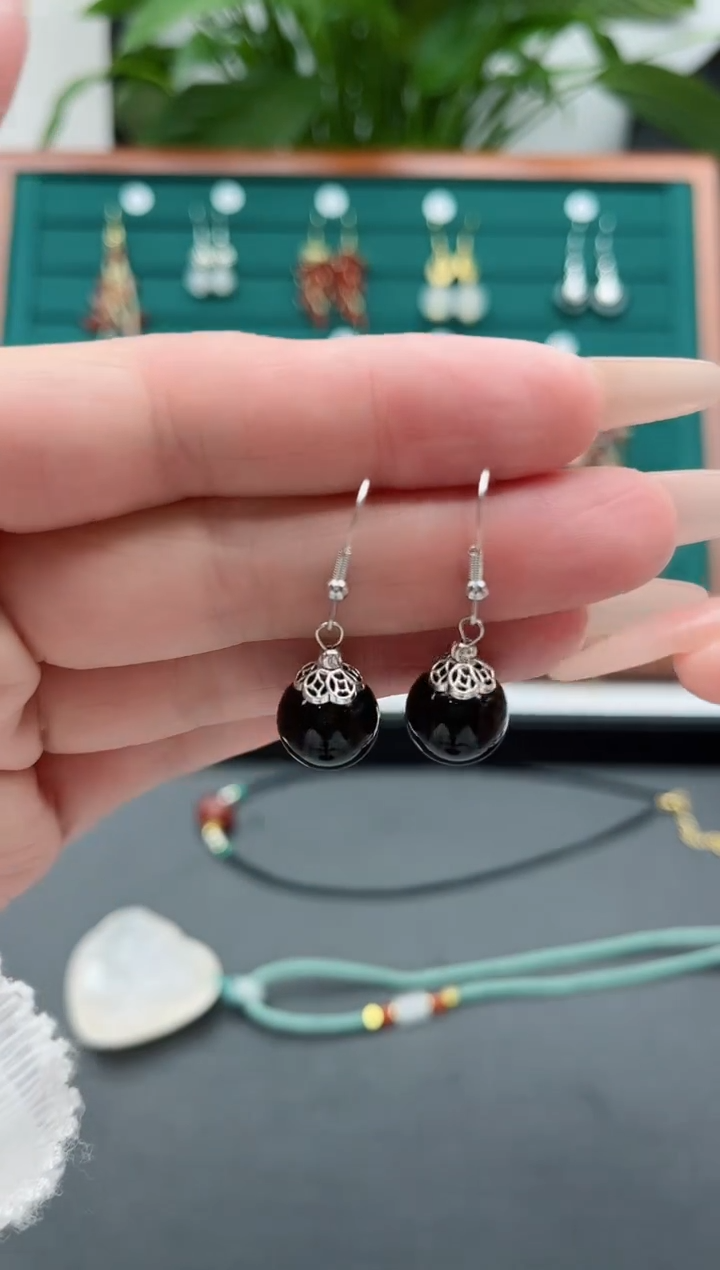 【闪购商品】黑曜岩耳饰银S925镶嵌1101黑曜石