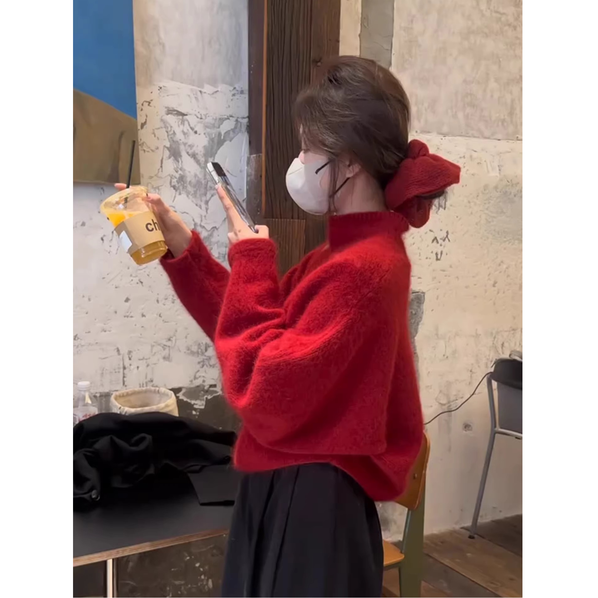 新年穿搭红色半高领针织衫毛衣女春秋装软糯奶fufu外穿慵懒风上衣