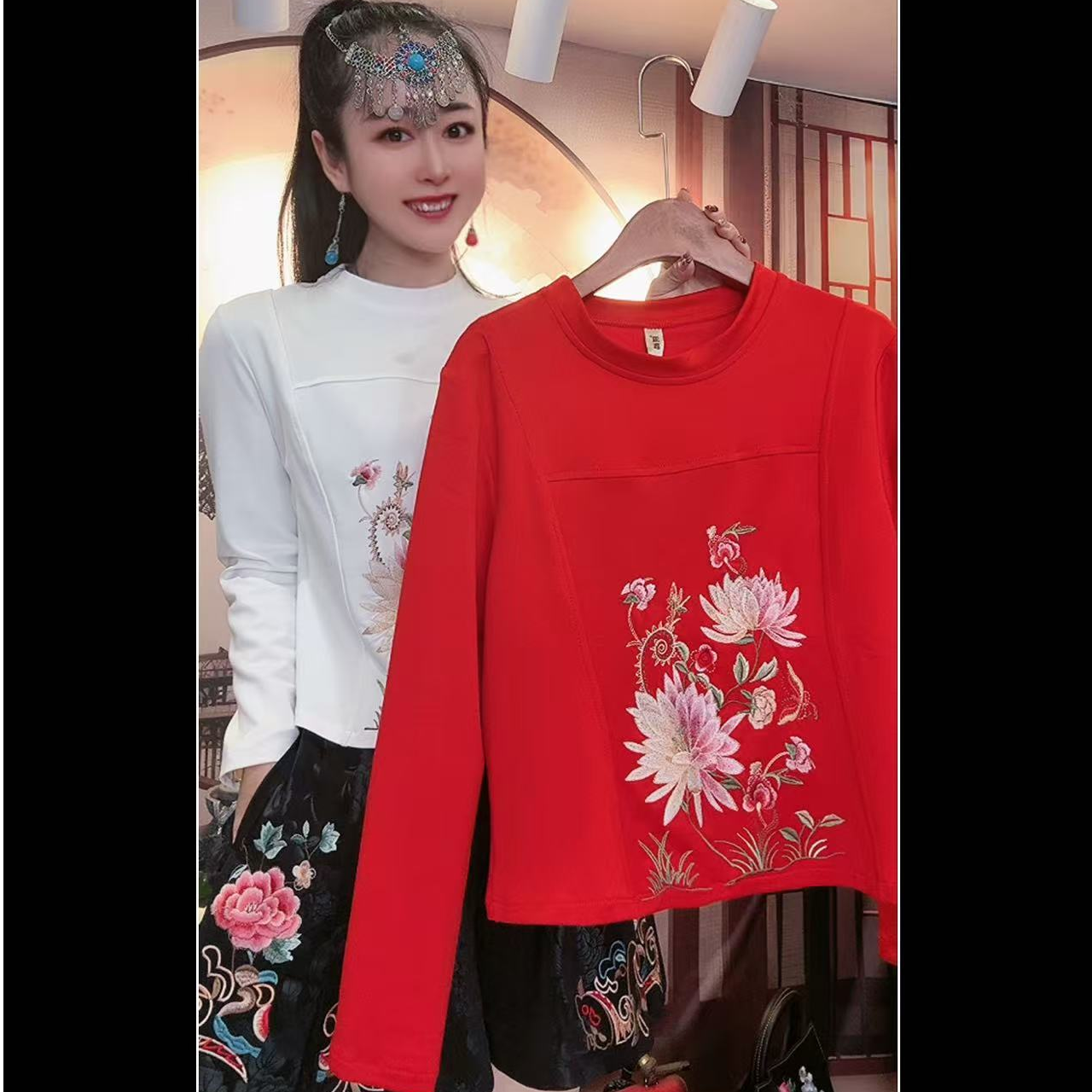 长袖常规款圆领上衣唐汉布依新款Y