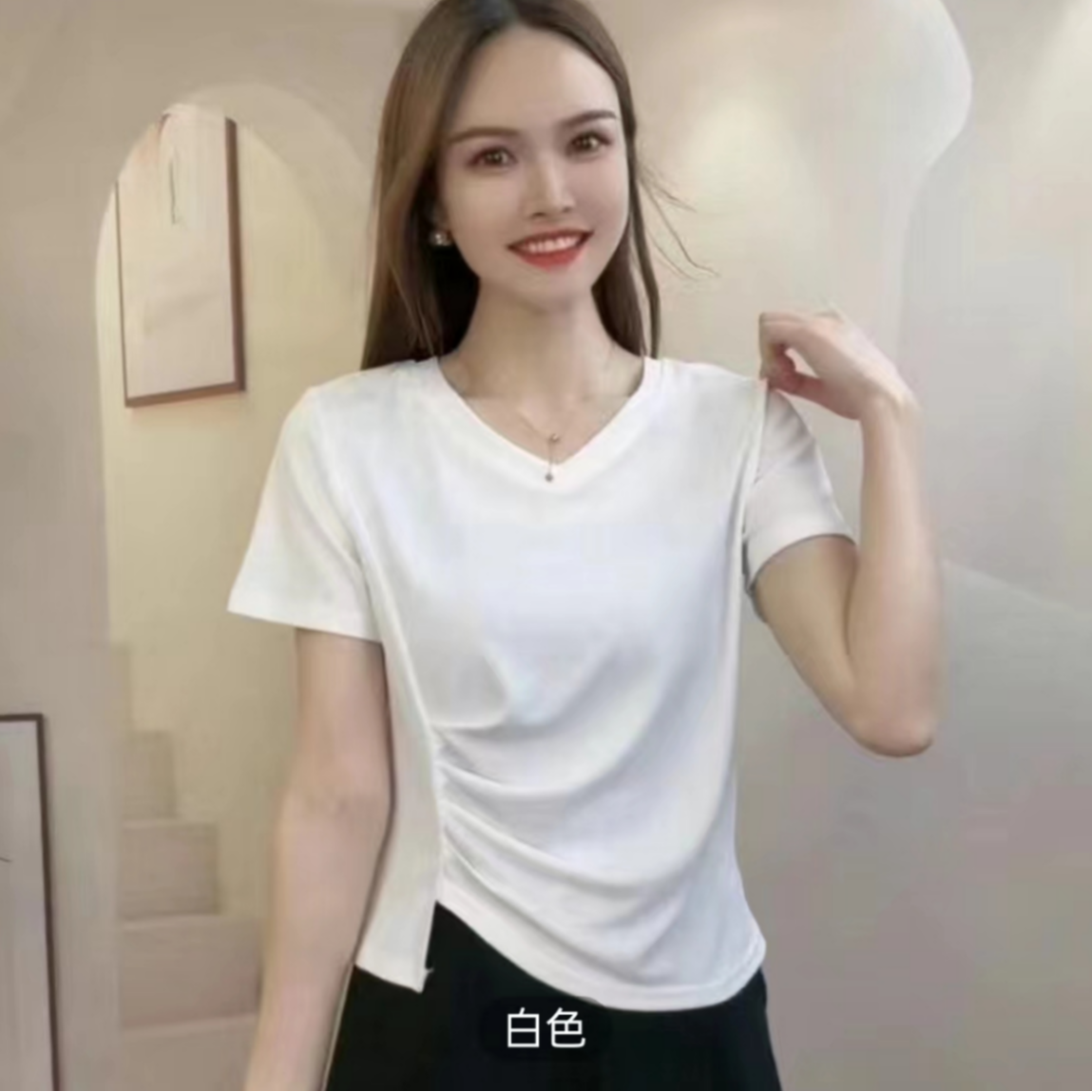 V领短袖夏季新款女t恤设计感褶皱时尚日常休闲圆领修身显瘦上衣