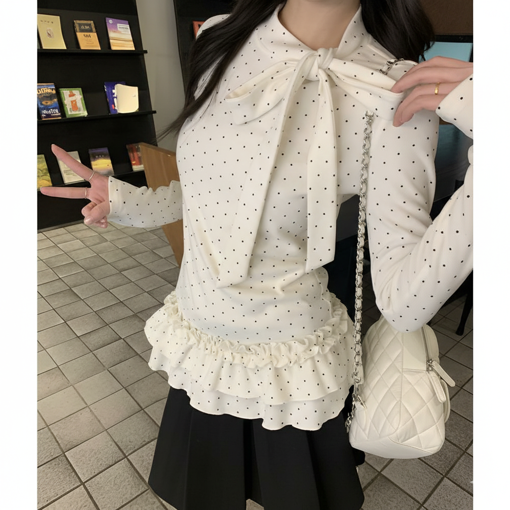 新款黑色波点元素绑带设计双层花边长袖T恤百搭温柔W1179