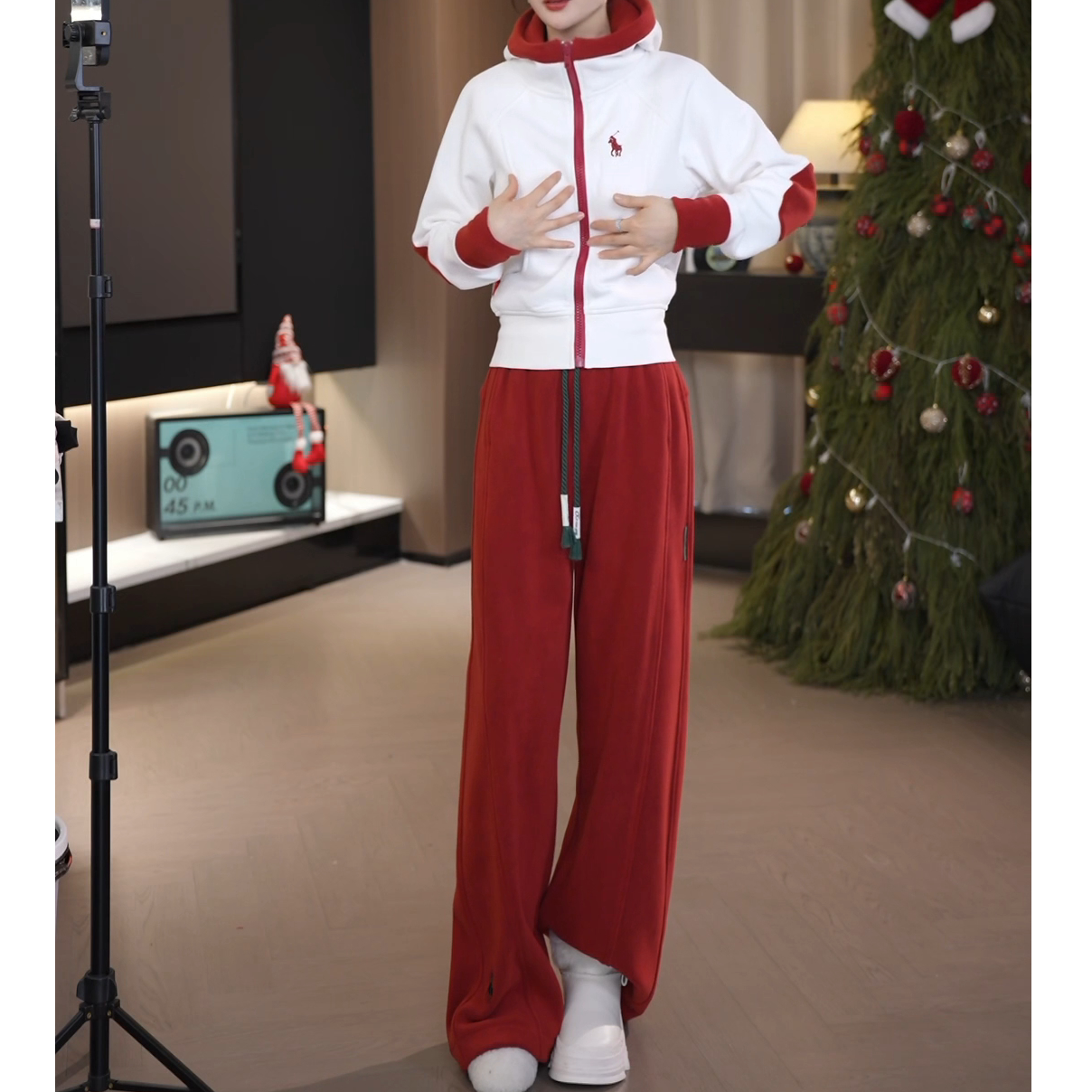 冬新款加绒修身拼色连帽卫衣外套+阔腿裤套装LK2500847