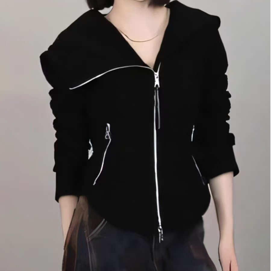 时髦洋气黑色连帽拉链卫衣外套女秋冬新款真尤美