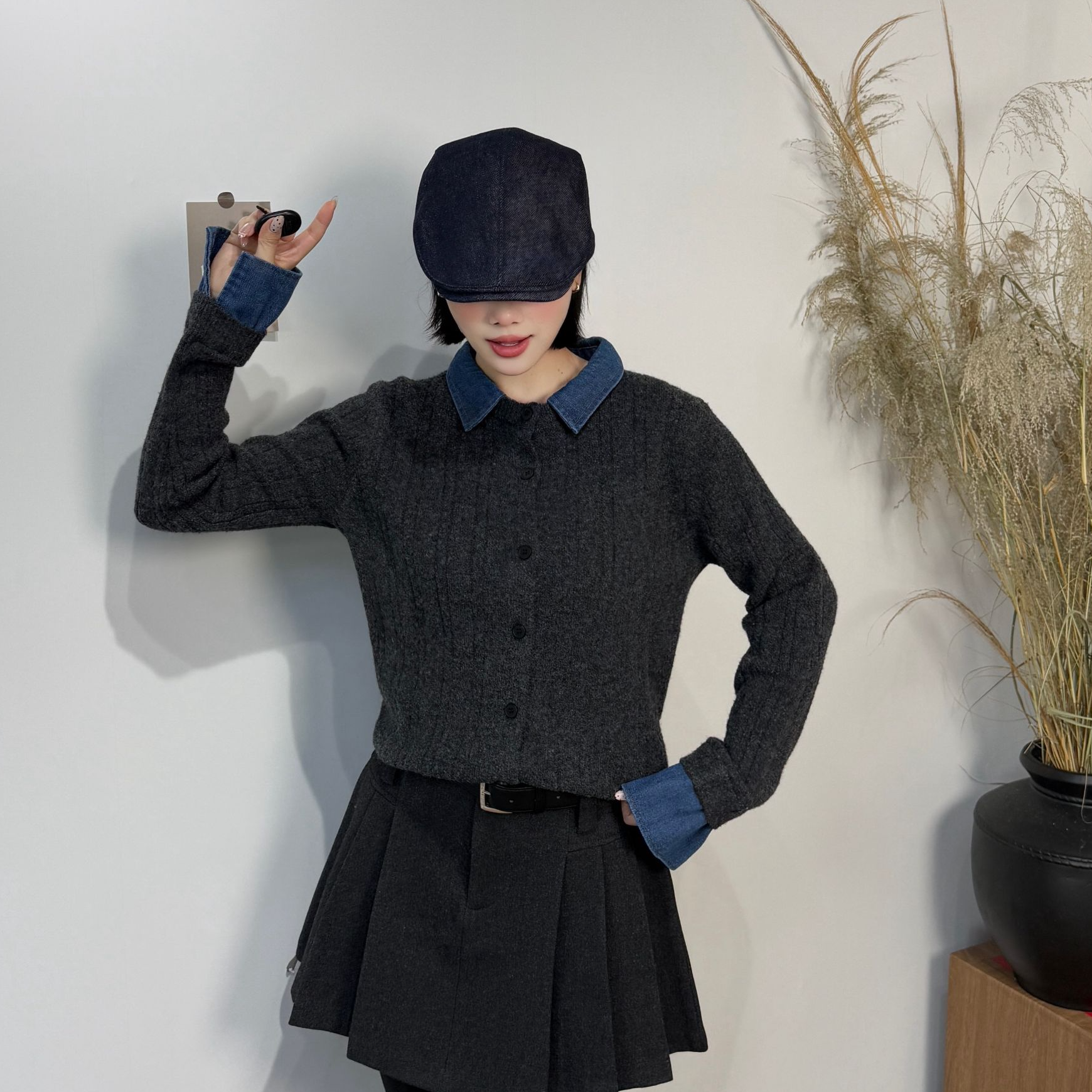 33029#复古假两件牛仔拼接翻领针织开衫秋冬显瘦毛衣外套百搭上衣