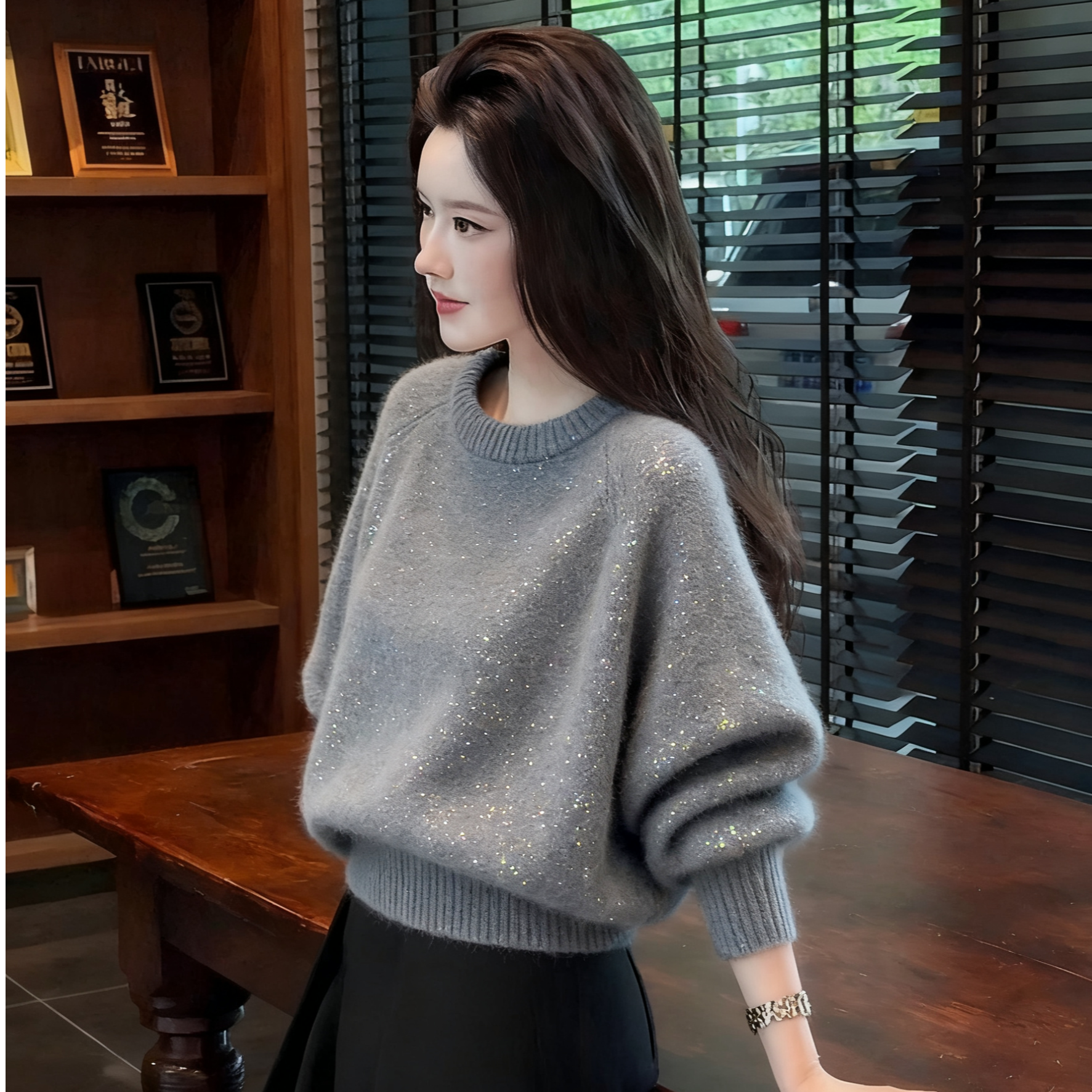 欧货亮片圆领套头针织毛衣女秋冬新款保暖软糯慵懒风浅灰色上衣潮