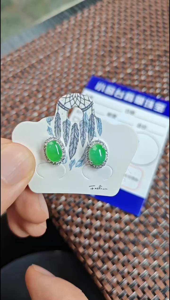 【闪购商品】翡翠耳饰银S925镶嵌翡翠耳饰S925银镶嵌
