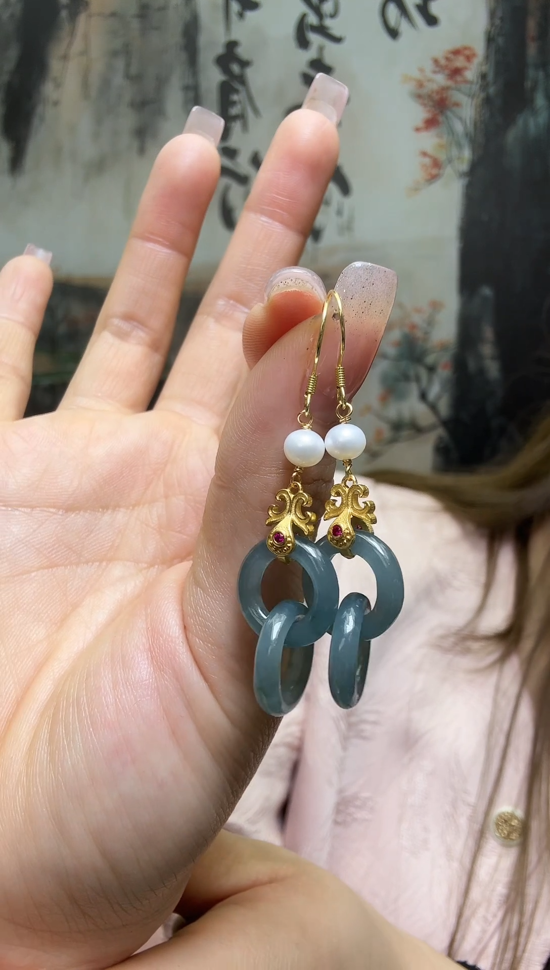 【闪购商品】翡翠耳饰银S925镶嵌环环相扣