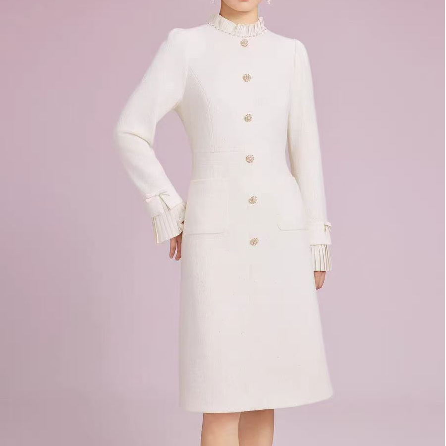 【拉】连衣裙小香风气质白色时尚毛呢中长款修身秋冬