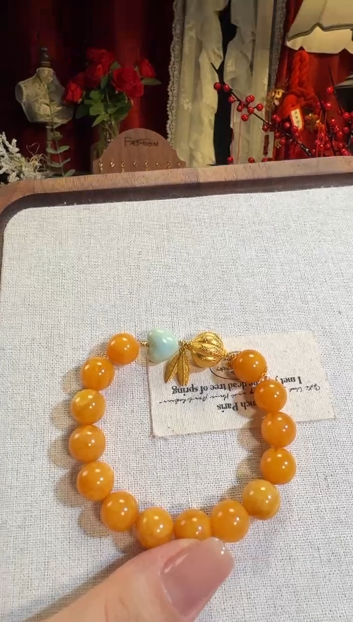 【闪购商品】蜜蜡手链18K金镶嵌大颗粒鸡油黄