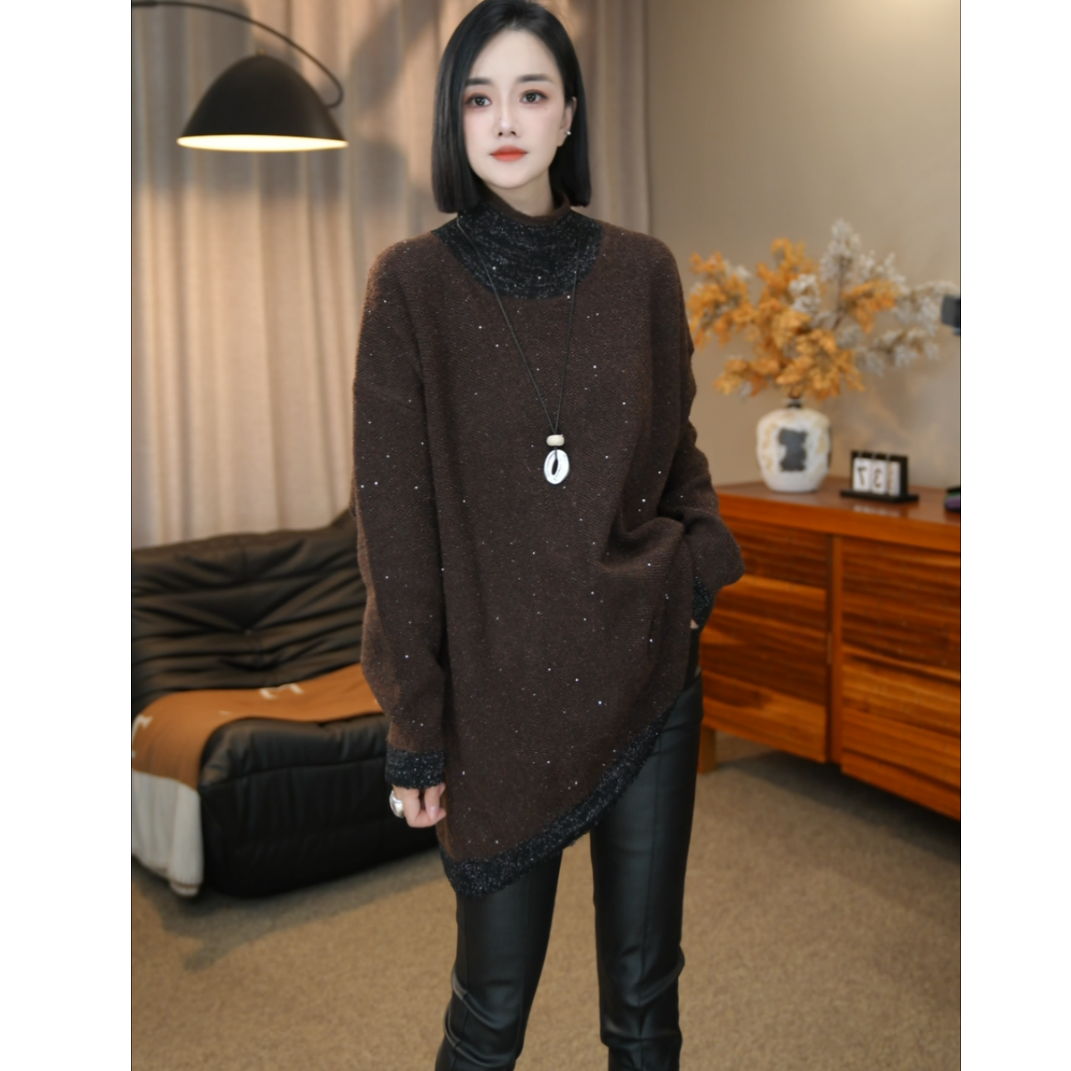 SZ&时尚洋气半高领亮片重工毛衣F1666休闲百搭套头针织长袖毛衣