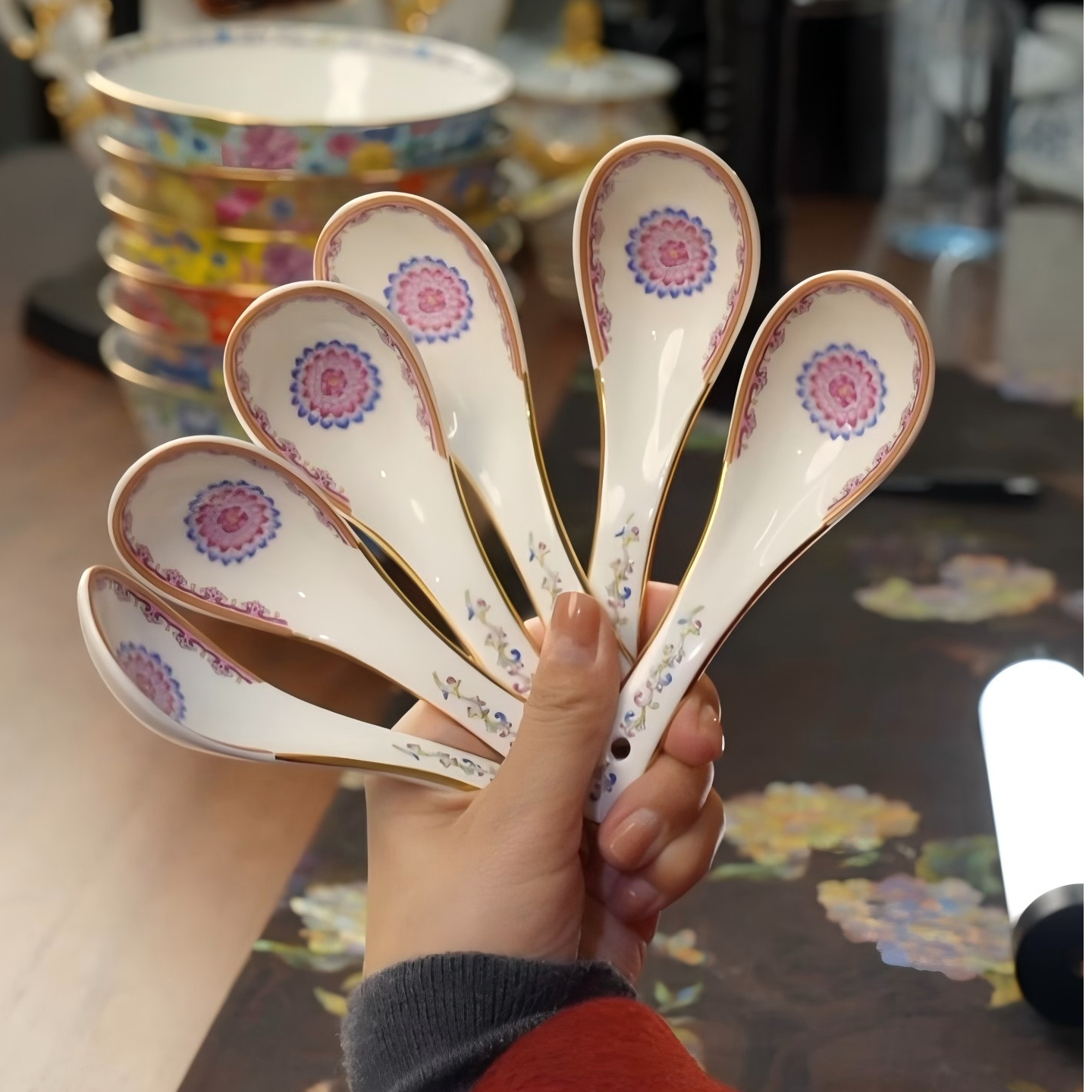 景德镇高温瓷珐琅彩汤勺6个装