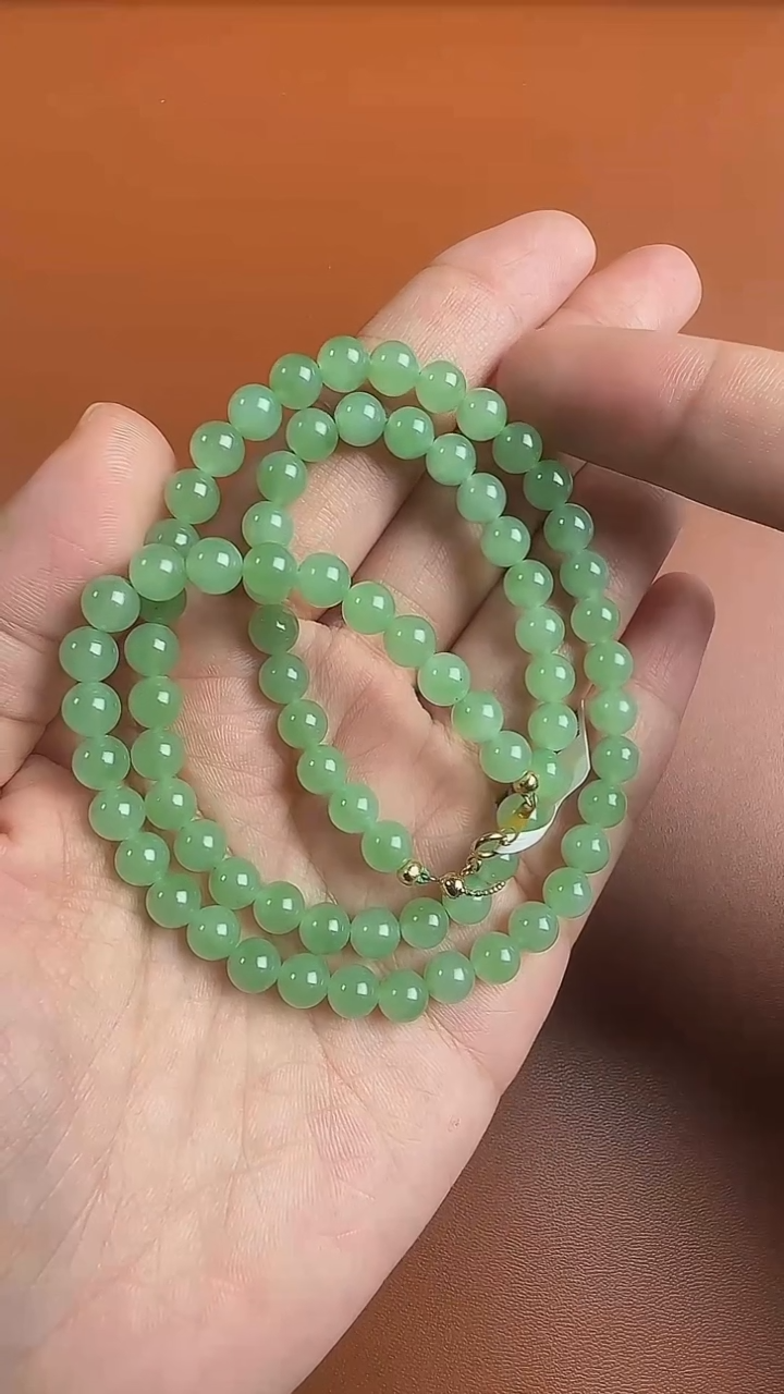 项链未镶嵌和田玉18K金6mm碧玉苹果绿仙女链 D