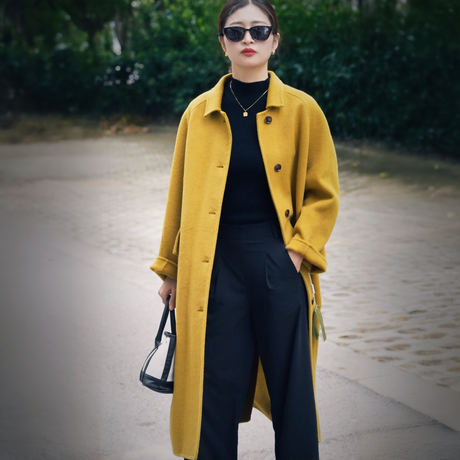 秋冬季落叶黄双面呢大衣女休闲新款毛呢女装高端宽松外套气质韩版