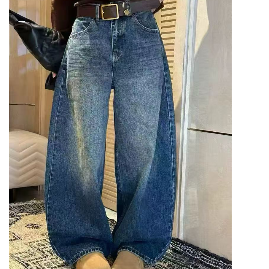 欧洲站2025新款弯刀阔腿加绒牛仔裤女高腰显瘦显高运动休闲拖地裤