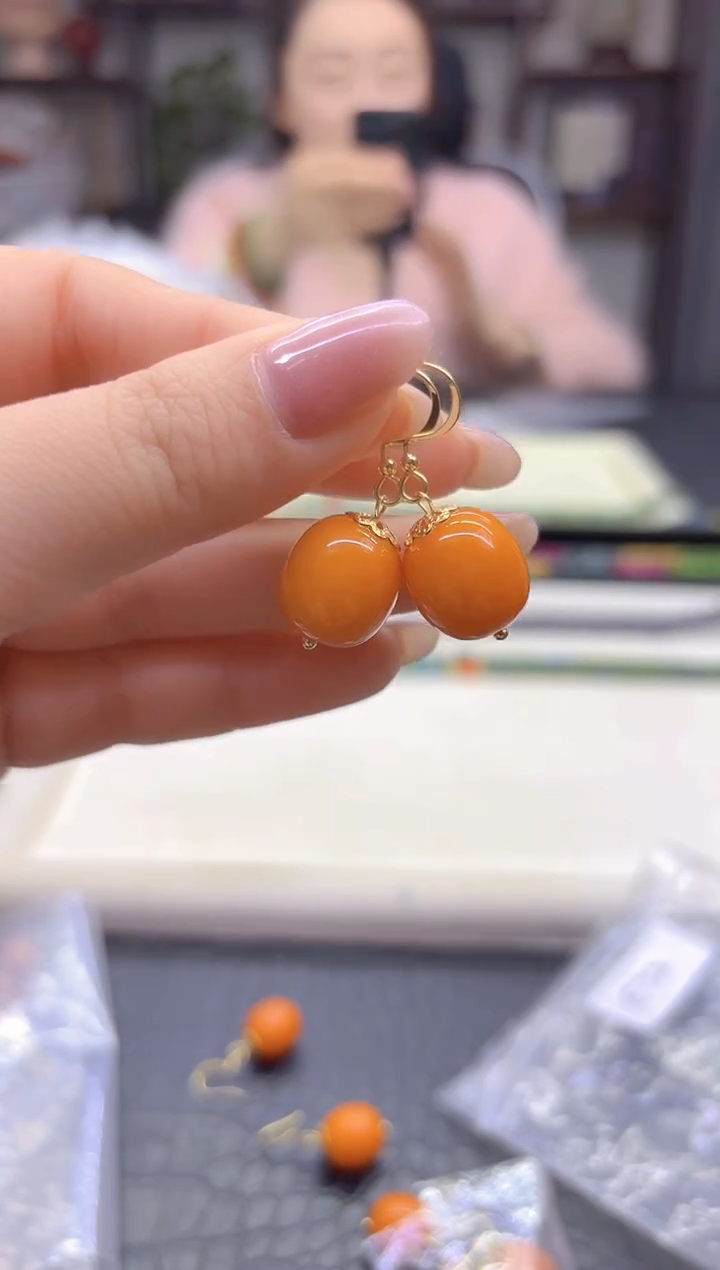 蜜蜡14K金镶嵌耳饰DIY款E72