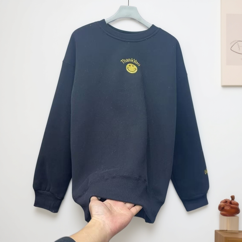 908#【衣长68左右】秋冬圆领加绒加厚笑脸刺绣宽松简约卫衣