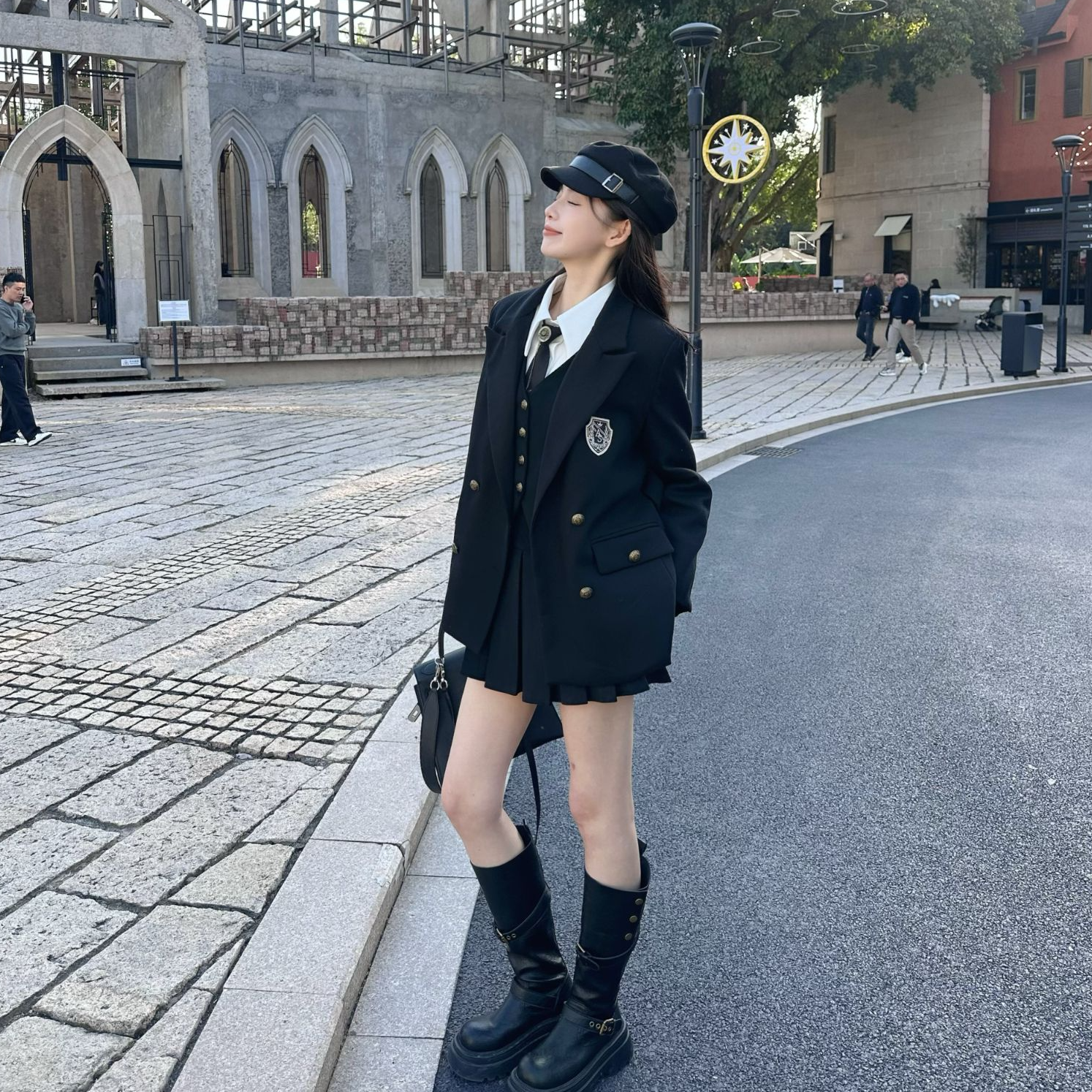 夹棉【呢子百搭大衣】冬季黑色毛呢学院夹棉双排扣中长款西装短外套