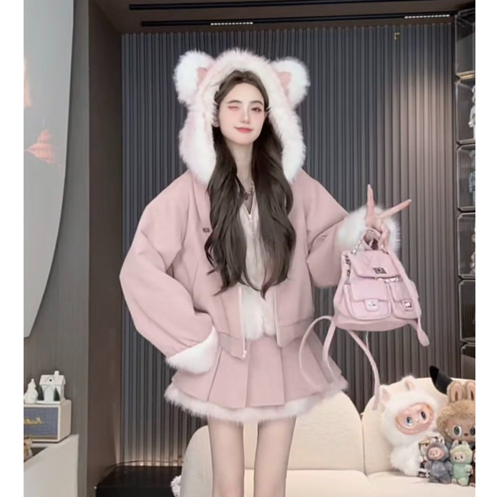 【糖糖】大码女装小香风甜美连帽毛领减龄毛呢外套短裙套装13616