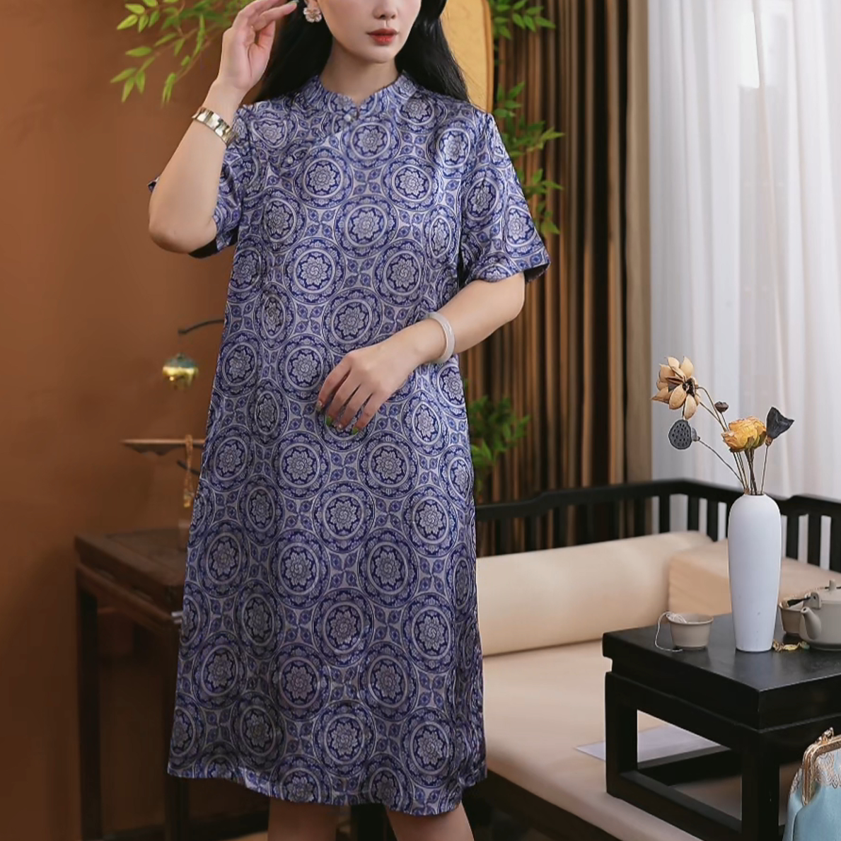 2025夏季新款时尚新中式桑蚕丝连衣裙显瘦百搭旗袍裙S296