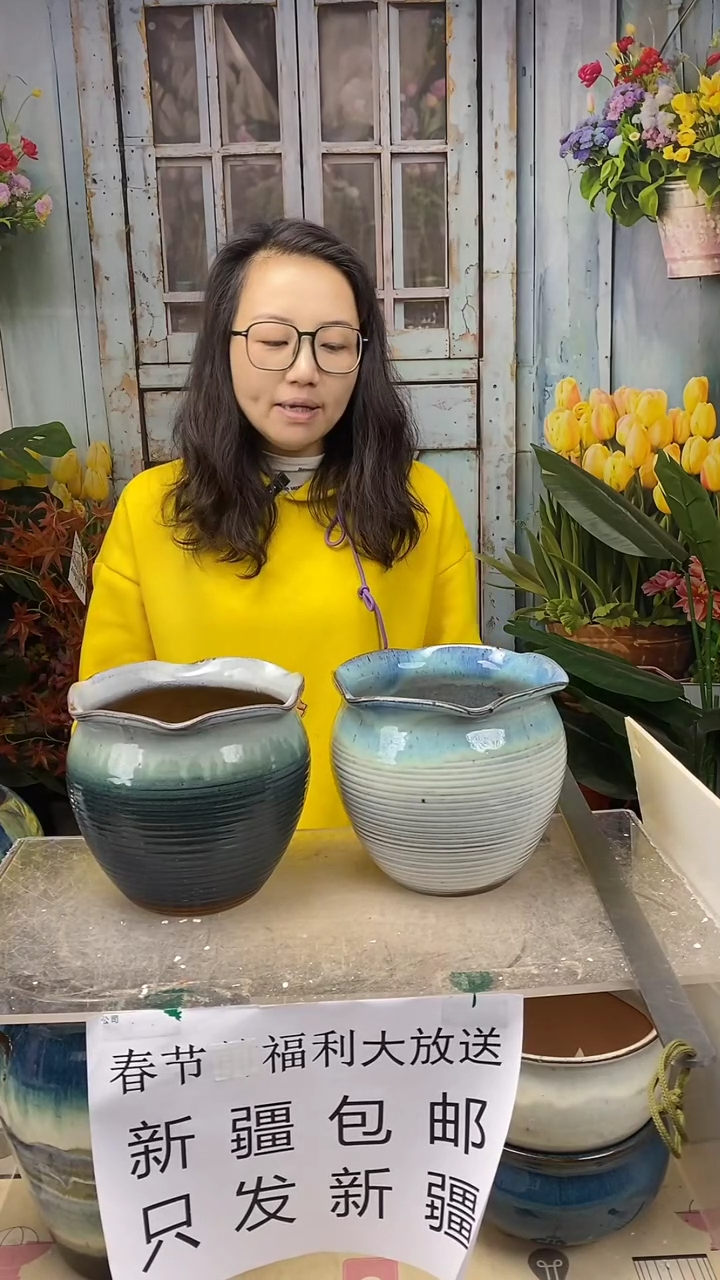 【闪购商品】红陶蓝白绿木耳边陶盆两个装