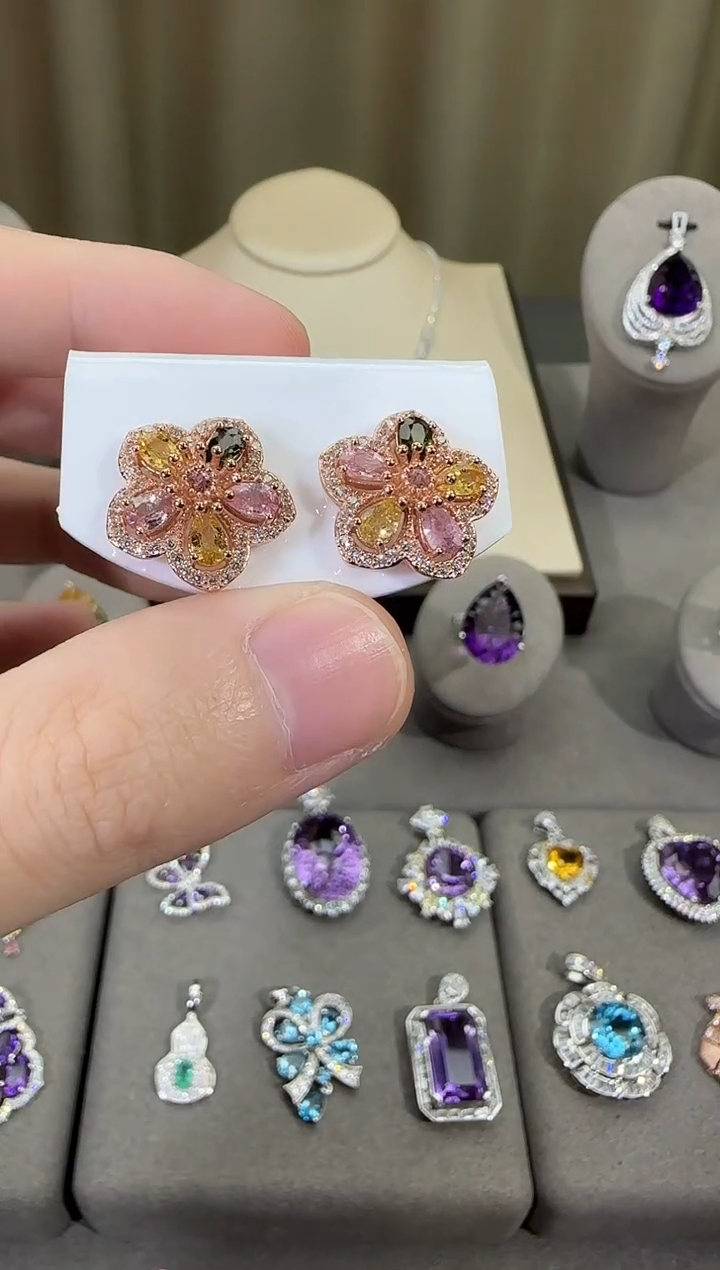 银S925镶嵌耳饰碧玺15mm耳钉繁花设计款多样性发一