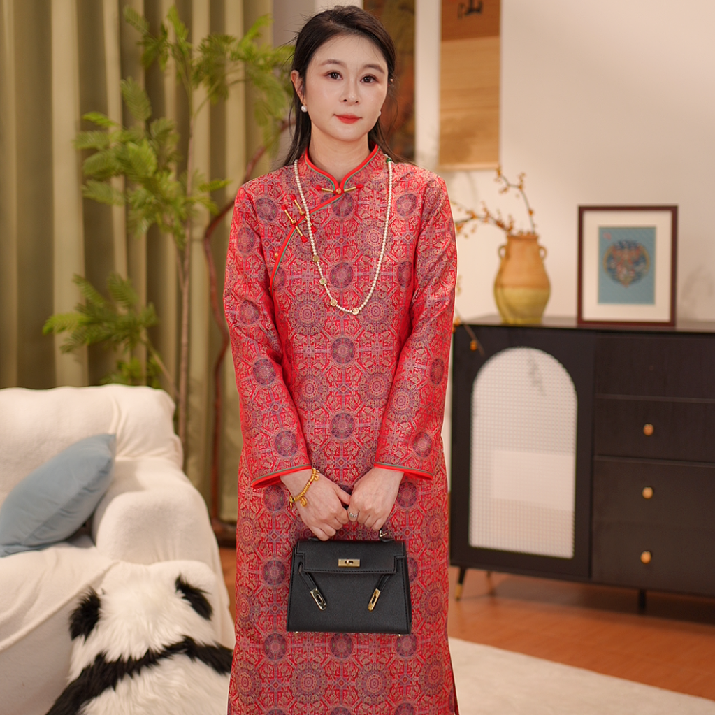 【贺贺·八达晕】桑蚕丝宋锦连衣裙红色旗袍显瘦中式旗袍裙JX5418