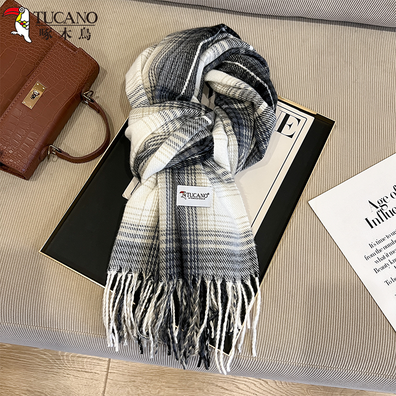 啄木鳥25新款ins格纹格子围巾女冬季韩系氛围感保暖时尚围脖学生