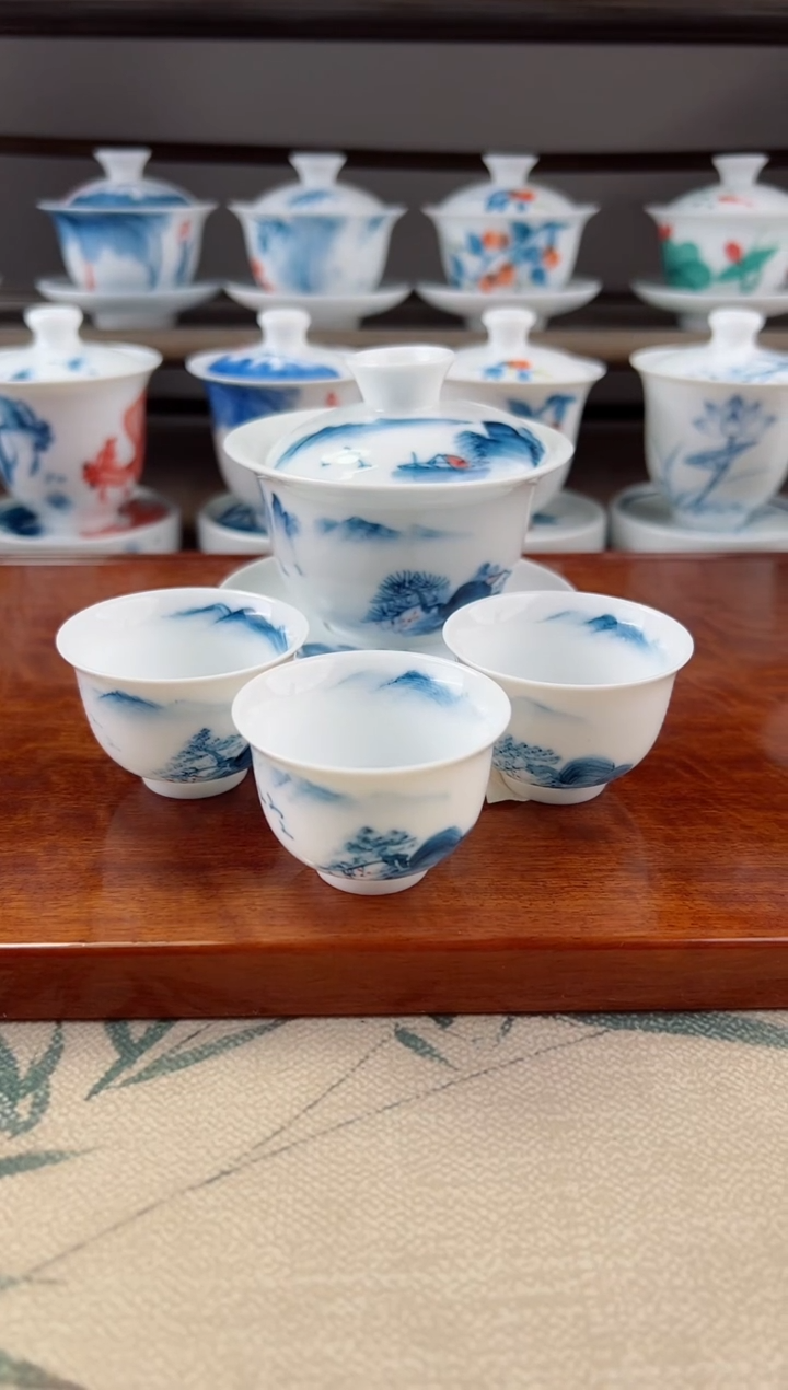 微瑕千里江山130ml三才盖碗+小美人杯3个