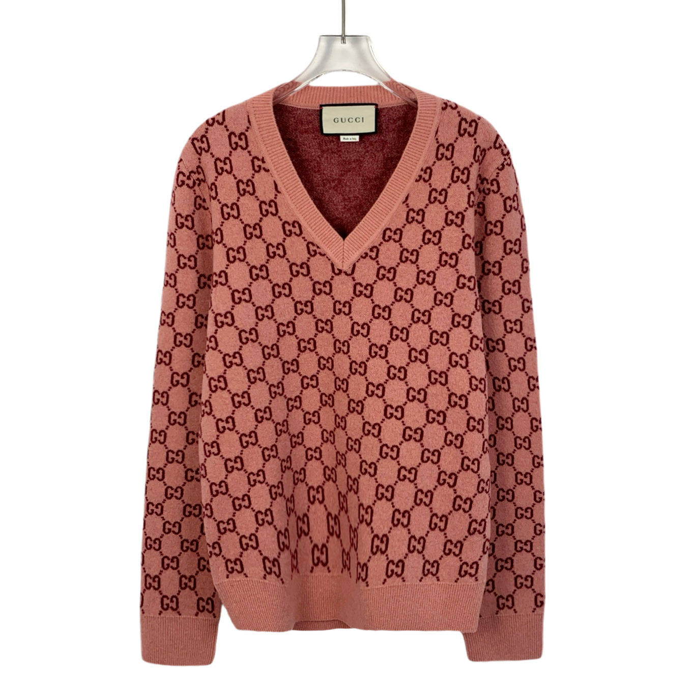 99新 GUCCI/古驰 H12832 粉色logo提花满印针织衫 S码 