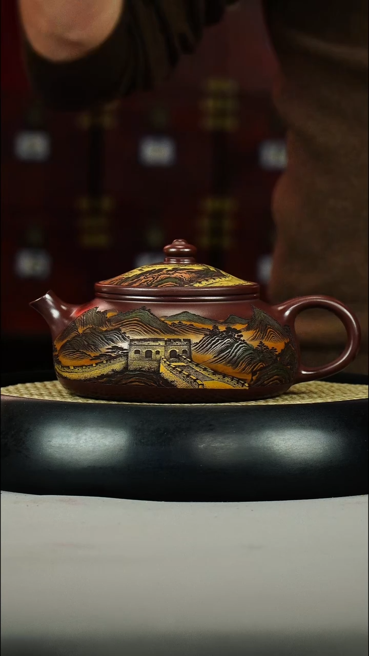 茶壶紫砂石红 大寒江 彩刻 长城