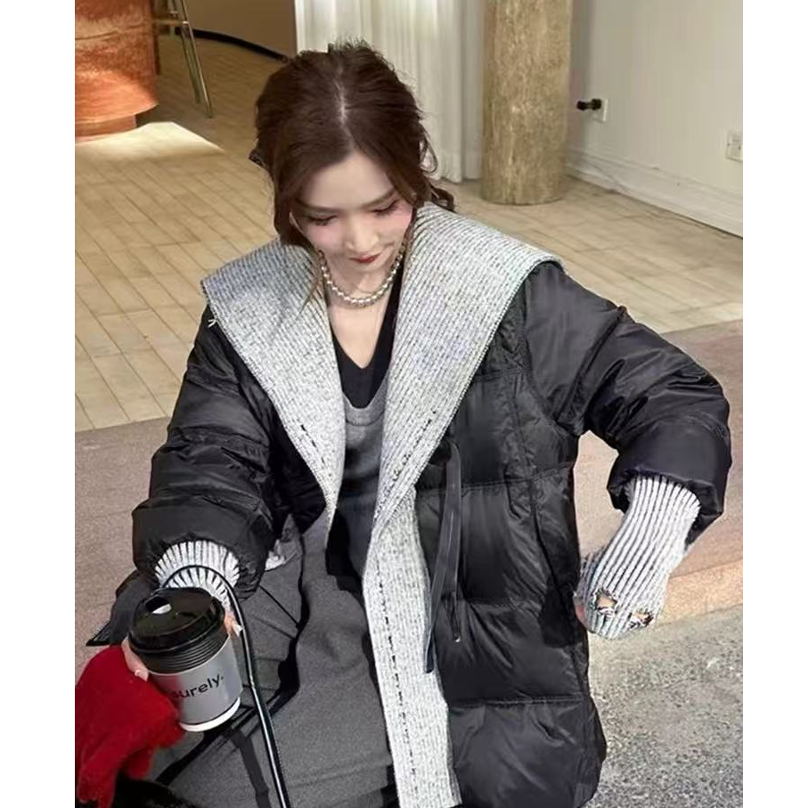 D3371针织拼接大翻领棉服女短款欧货冬季新款休闲宽松外套