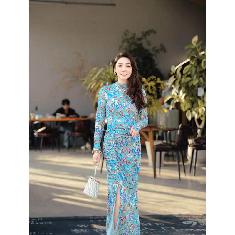 HZHJ原创设计师款天蓝繁花连衣裙法式显瘦高级洋气轻奢中国风1076