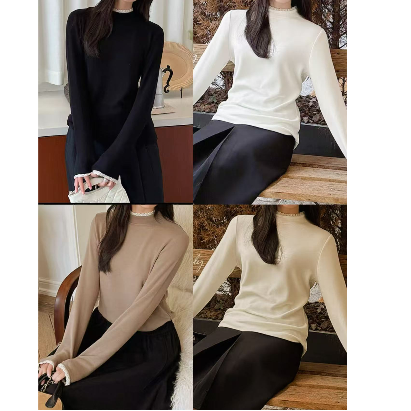 羊狨A3285小立领拼花边蕾丝打底衫3389