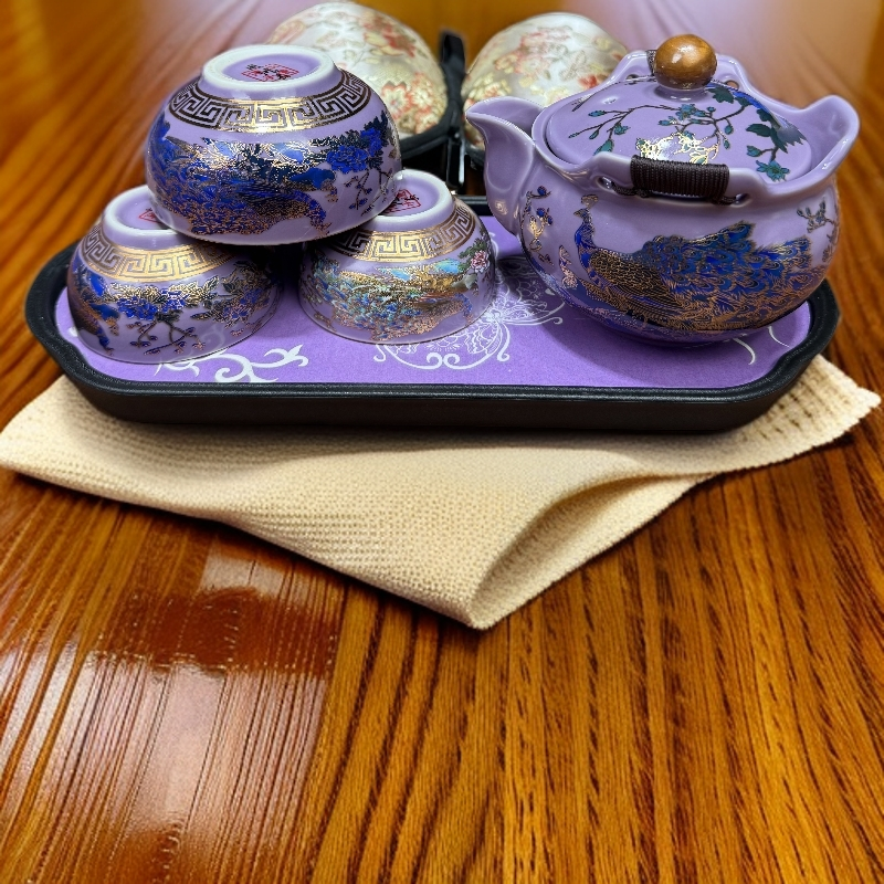 ZH3619紫色变色孔雀手抓壶一壶三杯家用高档旅行便携精美茶具套袋