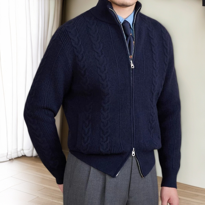 XFCF秋冬英伦立领绅装百搭绞花针织开衫男通勤复古保暖外套潮