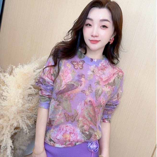 小满服饰【喜上眉梢】冬款唯美浪漫法式女人味款晕染花朵保暖羊绒衫