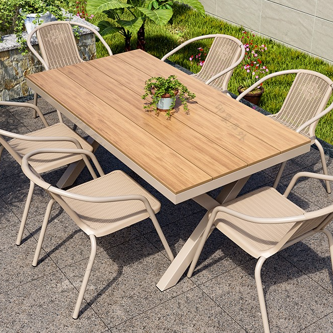 诗远户外休闲桌椅组合奶茶店塑木桌椅庭院露天室外桌椅长方形阳台