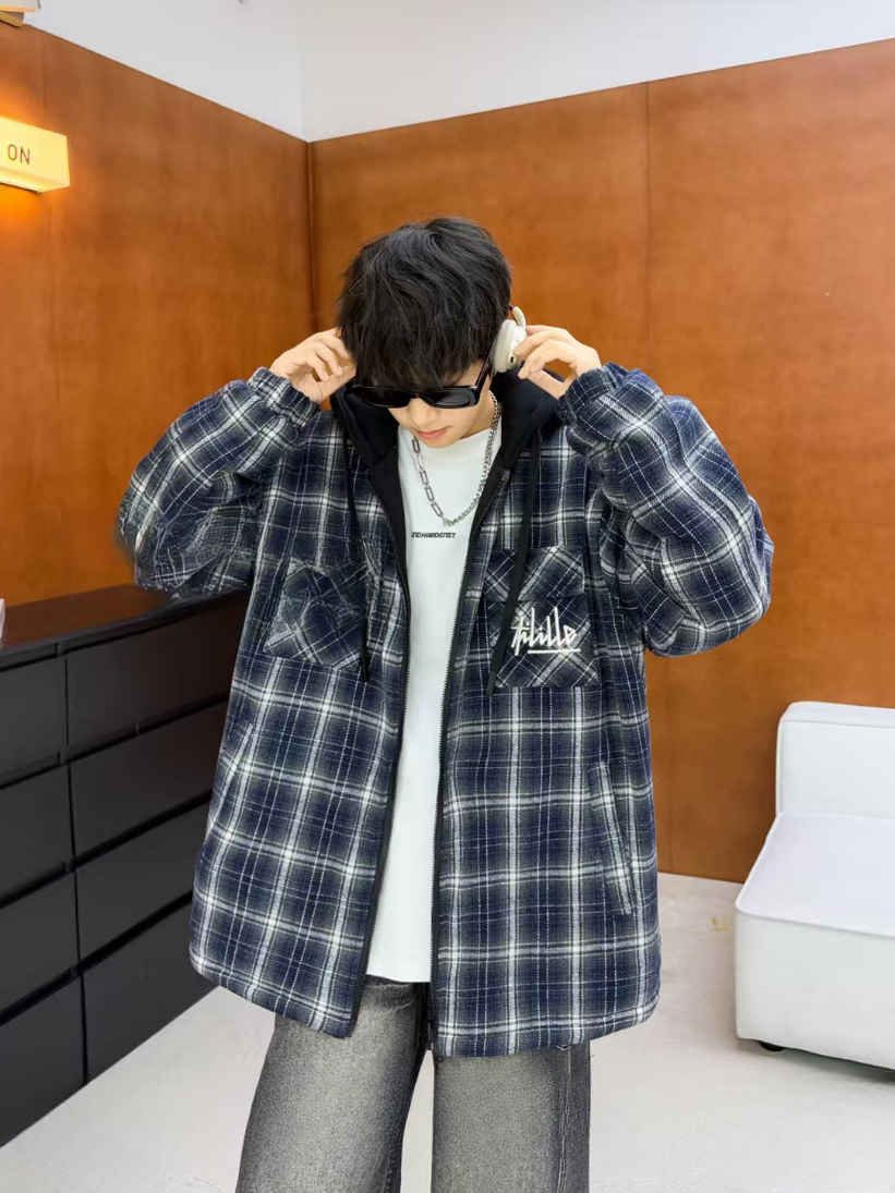 青少年大童秋冬两面穿连帽格子衫外套