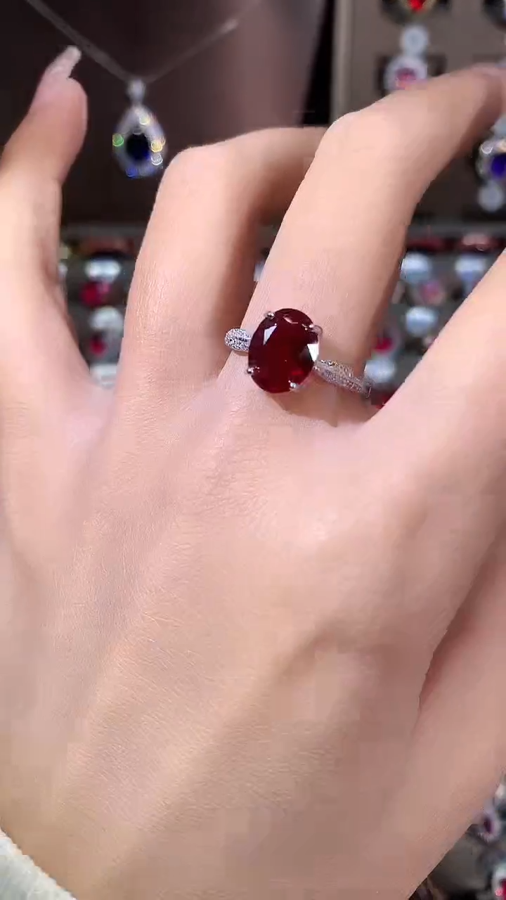 银S925镶嵌戒指红宝石酒红810