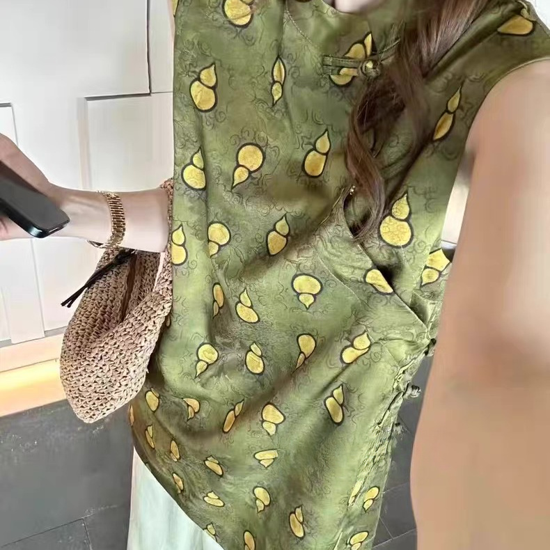 高端欧货夏新款设计感小众新中式葫芦印花宽松无袖马甲背心上衣女