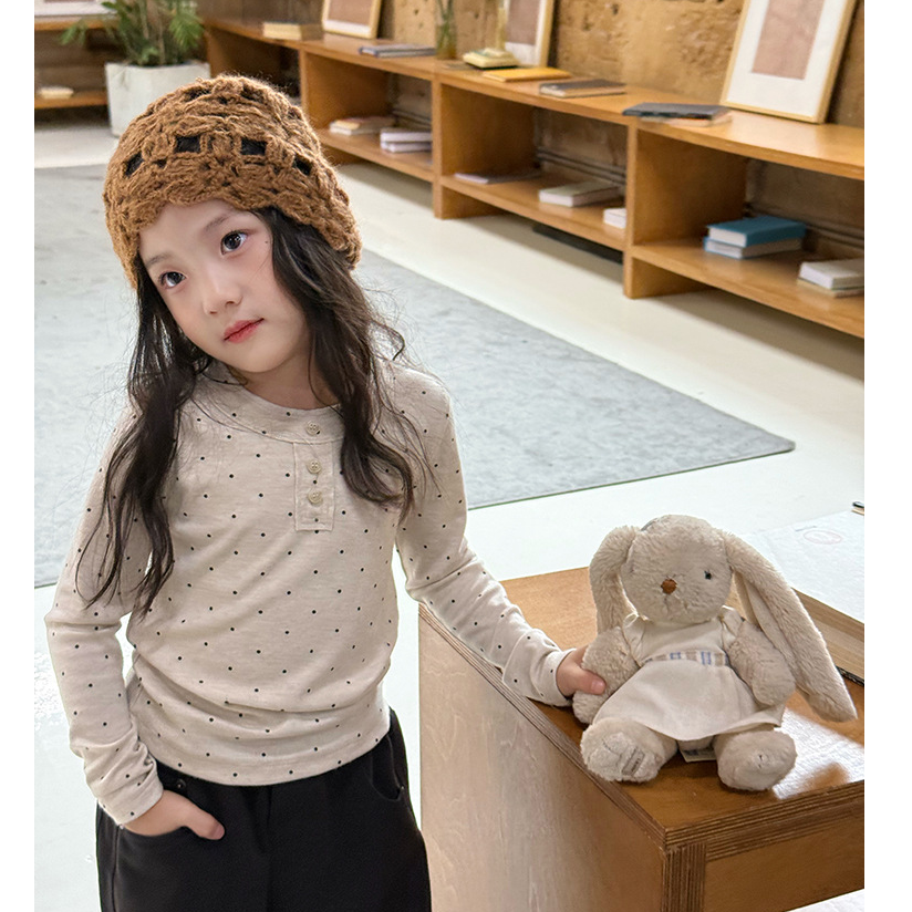 m【小梨涡】秋季女童软糯羊绒棉坑条打底衫波点长袖T恤上衣25F001