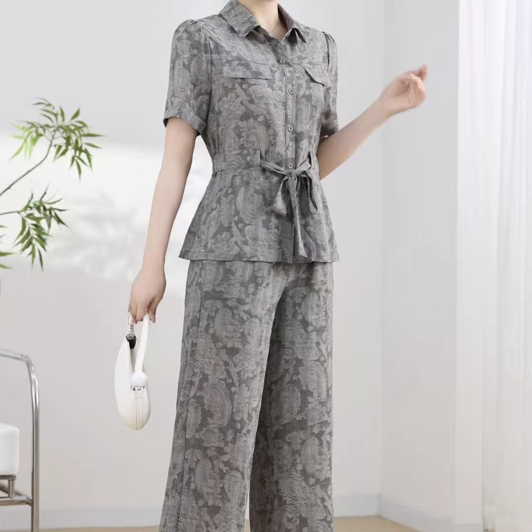 印花夏装瑞丽风减龄裤子时尚套装套装休闲风上衣阔腿裤气质