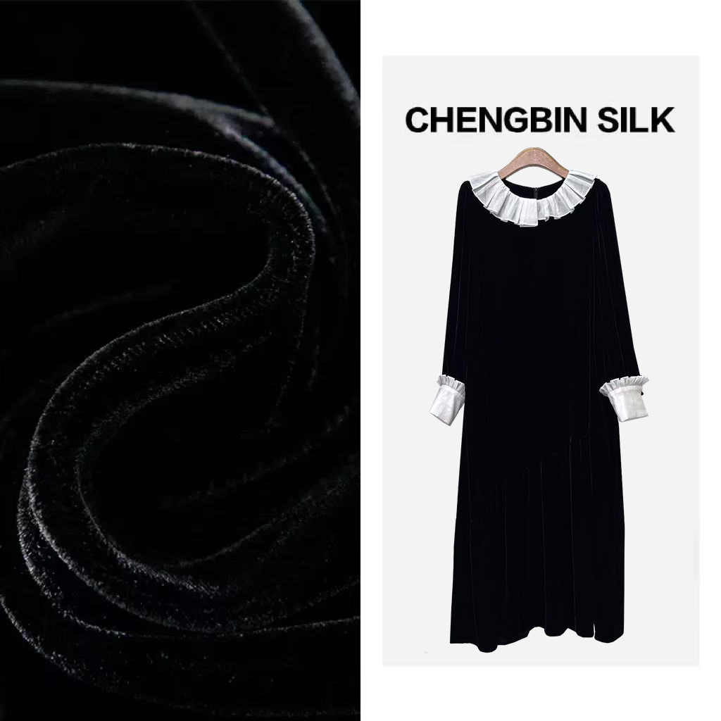 早秋新款重磅桑蚕丝丝绒长袖圆领不对称花边长款连衣裙气质193101