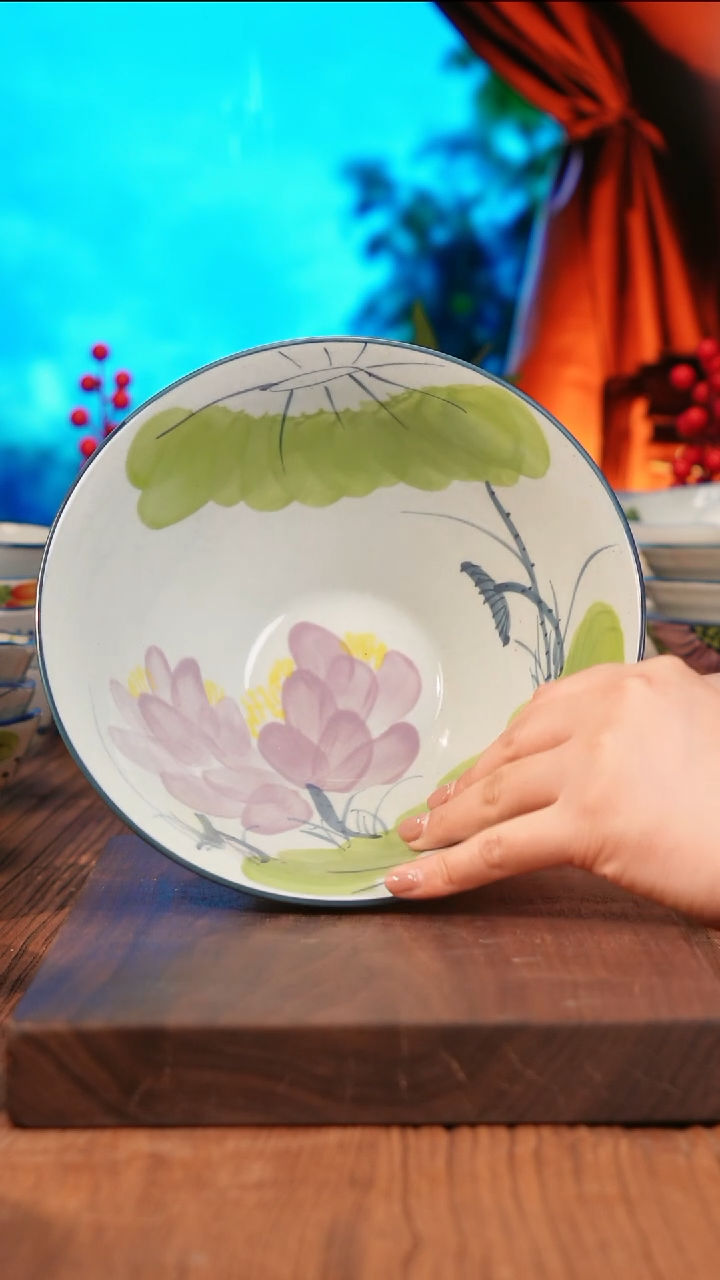 摆件景德镇手绘陶瓷8寸斗笠面碗