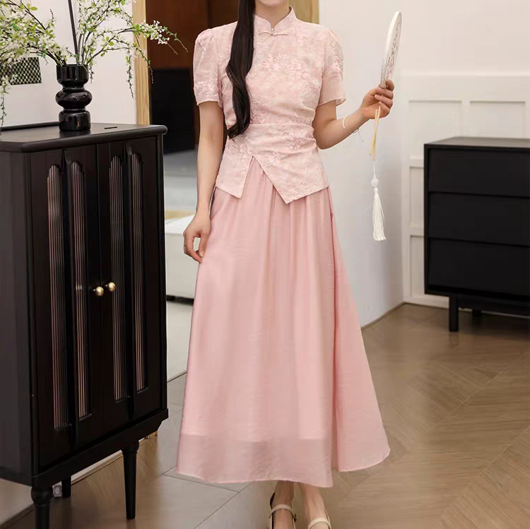 A 1103新中式立领斜盘扣上衣松紧腰半裙两件套套装