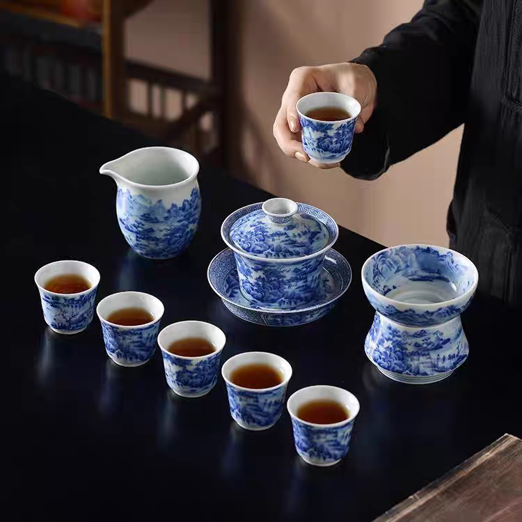景德镇手工制作釉下彩青花瓷满绘山水高端陶瓷茶具套装（带礼盒）