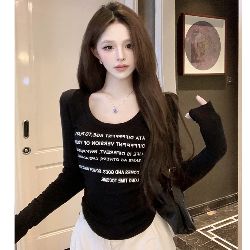 字母印花长袖加绒T恤女冬季修身褶皱打底衫黑色辣妹紧身内搭上衣