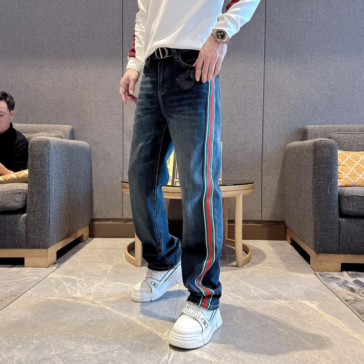 2025男士秋冬直筒裤简欧牛仔裤高品质水洗百搭阔腿裤织带显瘦休闲